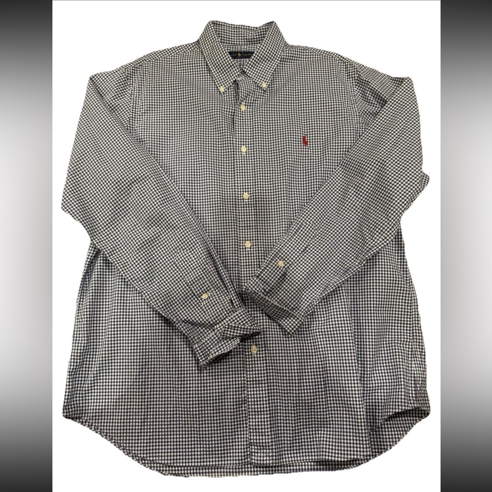 Polo Ralph Lauren Button Shirt Mens XL Slim Blue White Gingham Oxford Flesh Pony
